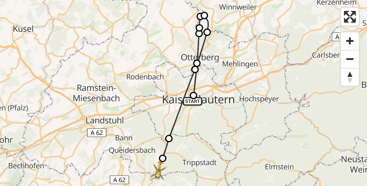 Flugroute Rettungshubschrauber Westpfalz Hospital Kaiserslautern - Schopp, 25 Mai 2026, 08:28