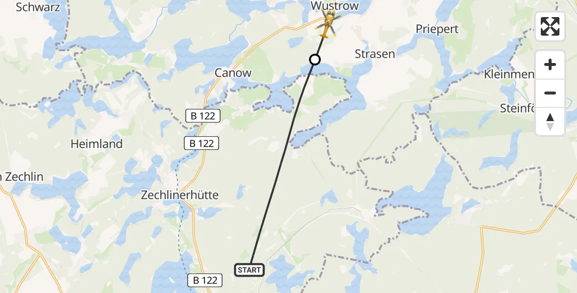 Flugroute Rettungshubschrauber Rheinsberg - Wustrow, 25 Mai 2026, 08:34