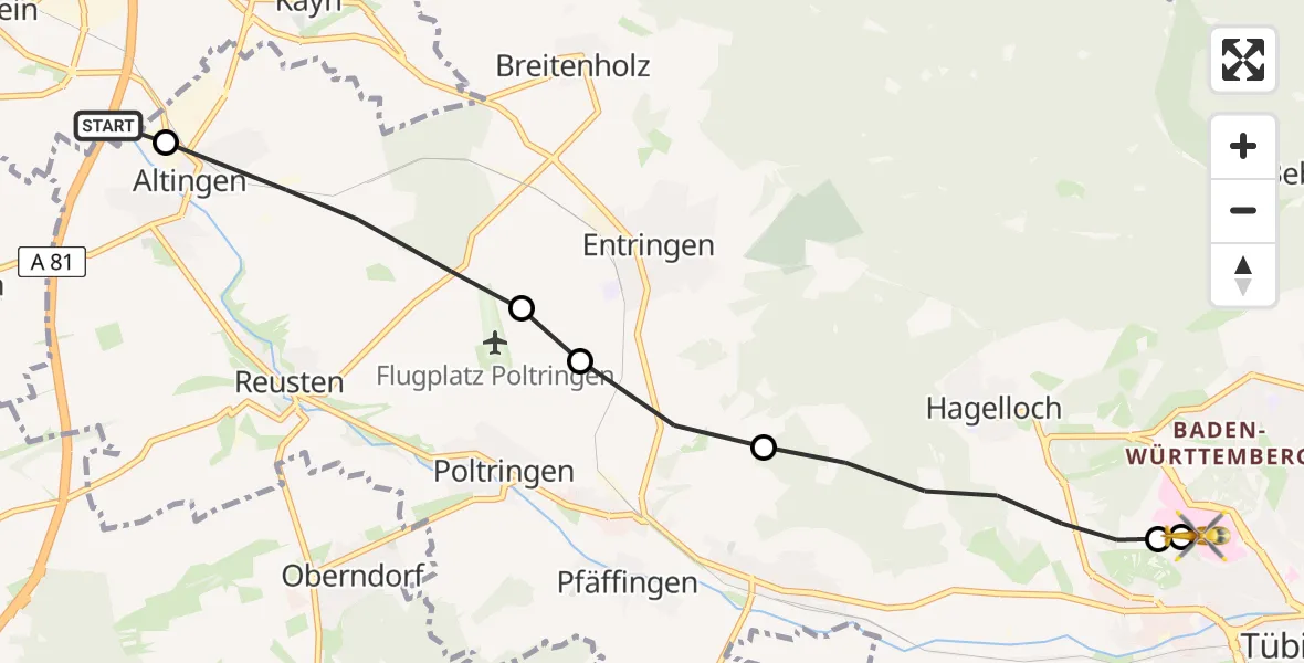 Flugroute Rettungshubschrauber Herrenberg - Tübingen University Hospital, 25 Mai 2026, 08:42