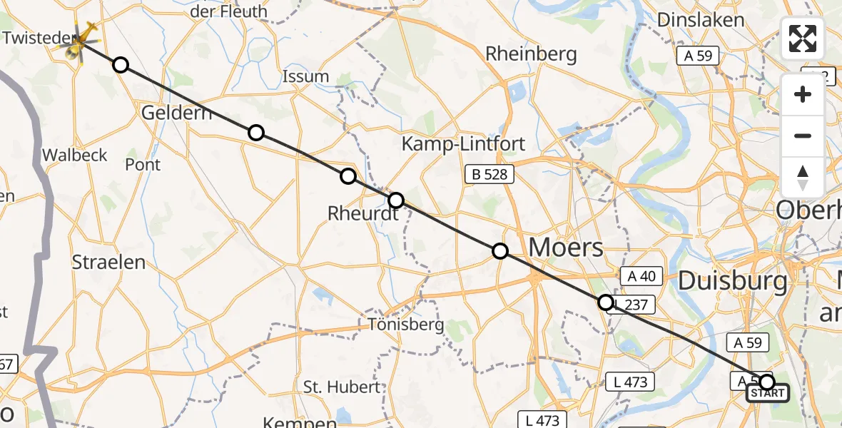 Flugroute Rettungshubschrauber Duisburg Air Rescue Hubschrauberlandeplatz (Christoph 9) - Kevelaer, 25 Mai 2026, 08:43