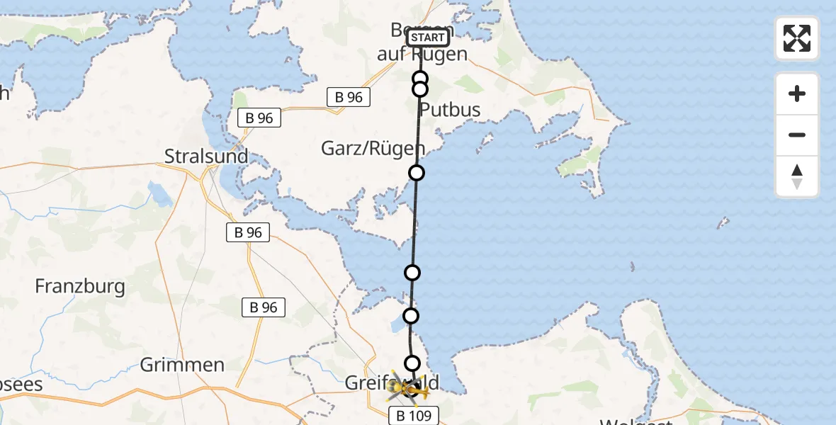 Flugroute Rettungshubschrauber Bergen auf Rügen - Greifswald Hospital, 25 Mai 2026, 08:44