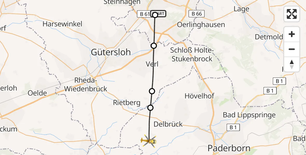 Flugroute Rettungshubschrauber Luftrettungszentrum Bielefeld - Delbrück, 25 Mai 2026, 08:52