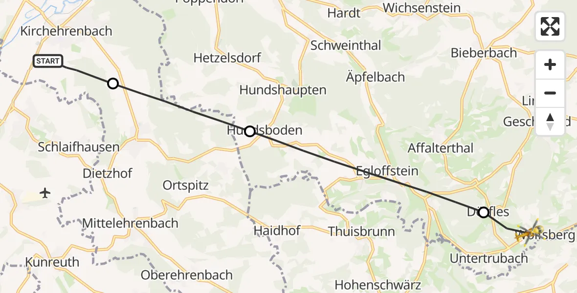 Flugroute Ambulanzhubschrauber Kirchehrenbach - Obertrubach, 25 Mai 2026, 08:52