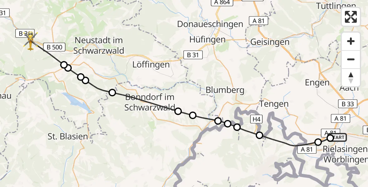 Flugroute Ambulanzhubschrauber Singen (Hohentwiel) - Breitnau, 25 Mai 2026, 08:52