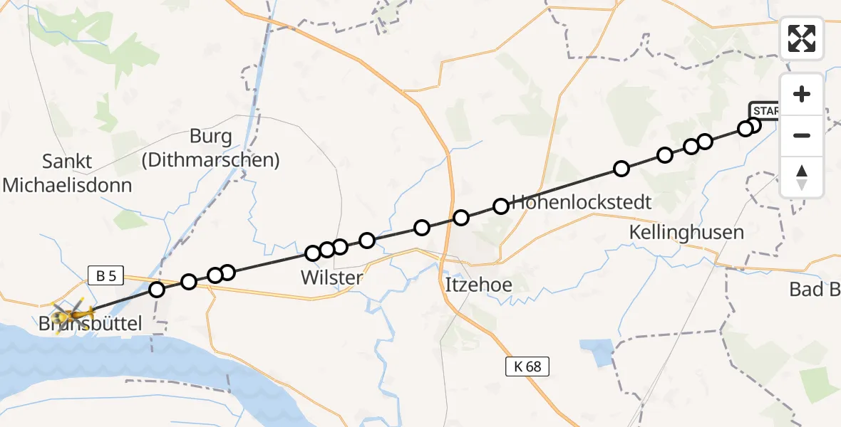 Flugroute Rettungshubschrauber Sarlhusen - Brunsbüttel, 25 Mai 2026, 08:58