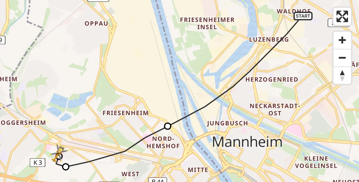 Flugroute Rettungshubschrauber Mannheim - Ludwigshafen Accident Hospital, 25 Mai 2026, 09:07