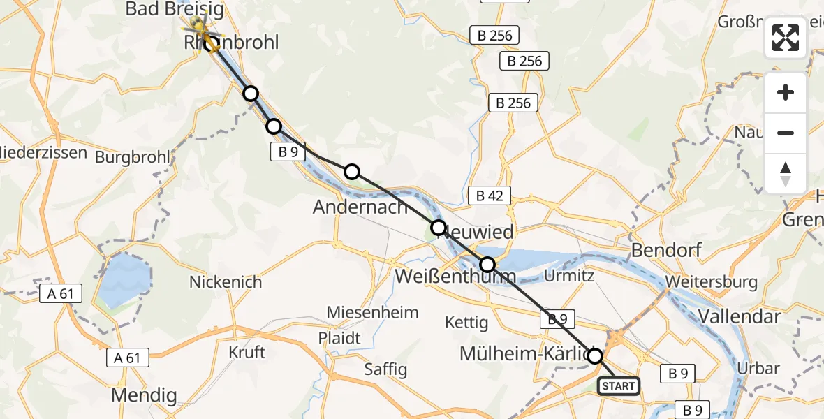 Flugroute Rettungshubschrauber Koblenz - Rheinbrohl, 25 Mai 2026, 09:14