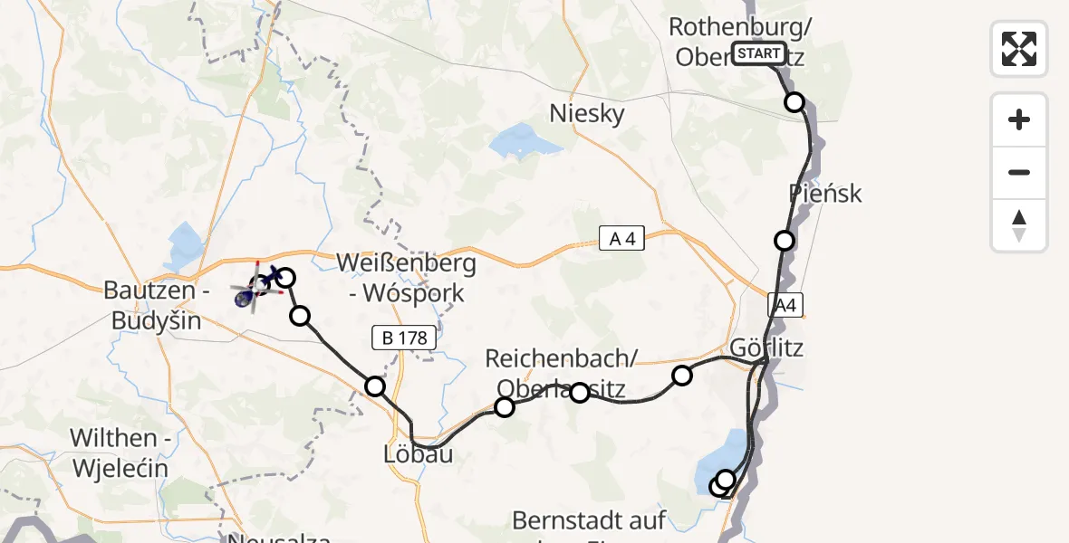 Flugroute Polizeihubschrauber Rothenburg/O.L. - Bautzen Flugplatz, 25 Mai 2026, 09:18
