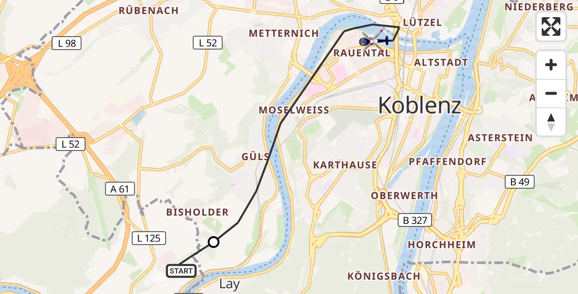 Flugroute Polizeihubschrauber Koblenz-Winningen Flugplatz - Koblenz, 25 Mai 2026, 09:18