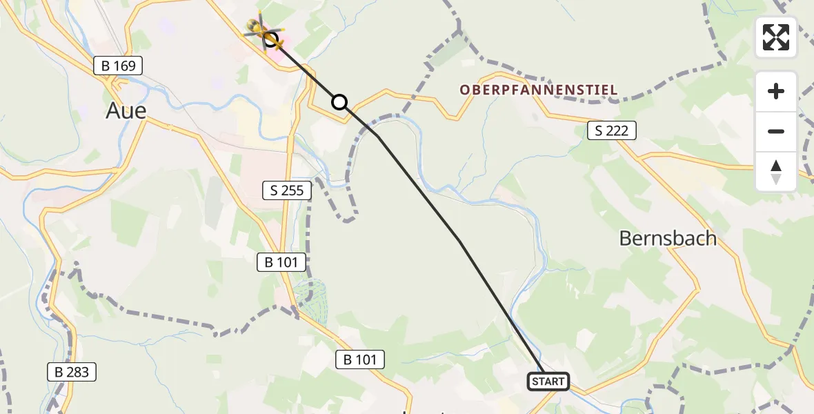 Flugroute Rettungshubschrauber Lauter-Bernsbach - Helios Clinic Aue, 25 Mai 2026, 09:24