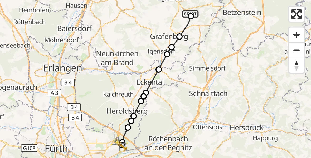 Flugroute Ambulanzhubschrauber Obertrubach - Martha-Maria Nürnberg Hospital, 25 Mai 2026, 09:24