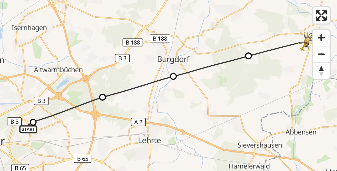 Flugroute Rettungshubschrauber Hannover Luftrettung Hubschrauberlandeplatz (Christoph 4) - Uetze, 25 Mai 2026, 09:33