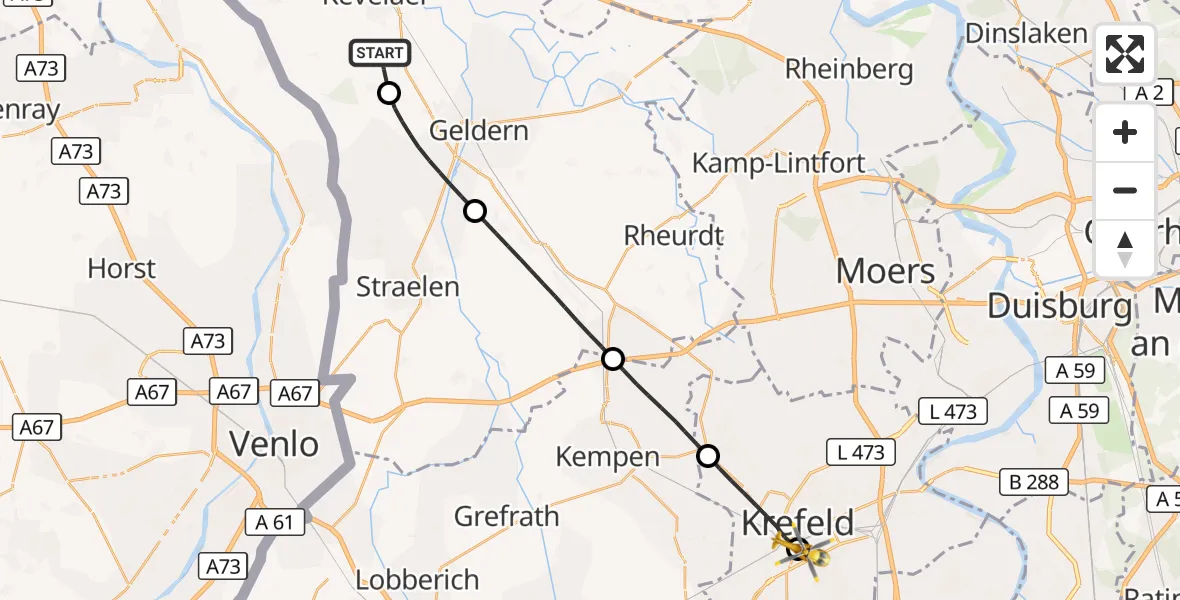 Flugroute Rettungshubschrauber Kevelaer - Helios Clinic Krefeld, 25 Mai 2026, 09:34