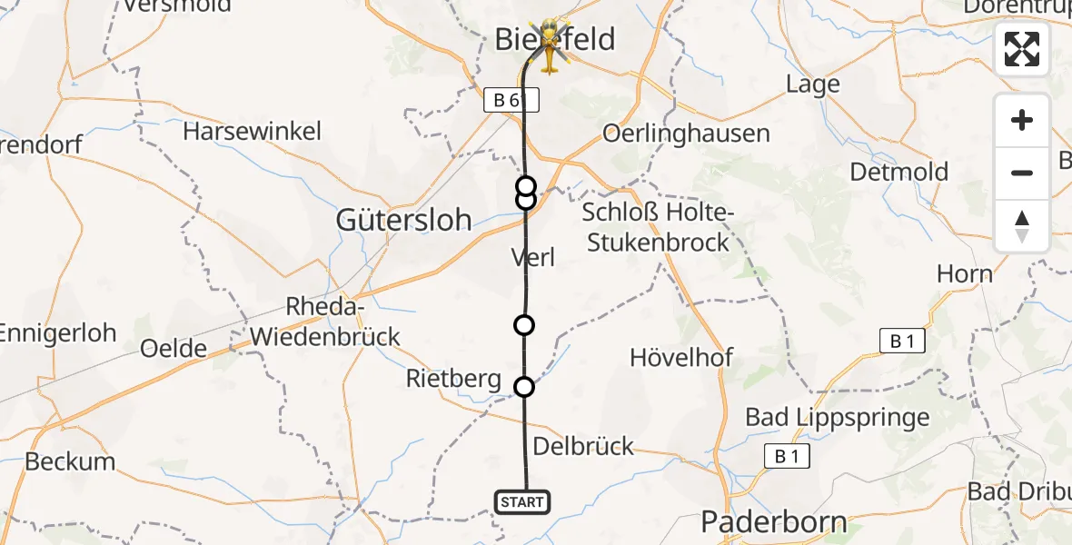 Flugroute Rettungshubschrauber Delbrück - Bielefeld, 25 Mai 2026, 09:36
