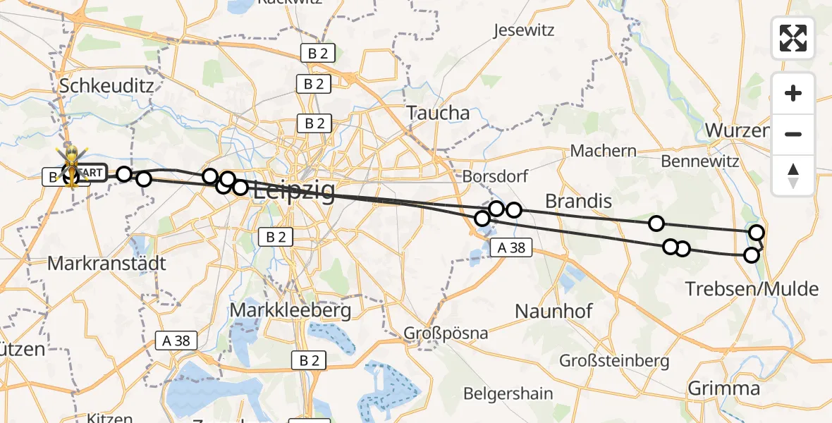 Flugroute Rettungshubschrauber Schkeuditz - ADAC Air Rescue Station Leipzig/Schkeuditz-Dölzig Hubschrauberlandeplatz (Christoph 61), 25 Mai 2026, 09:37