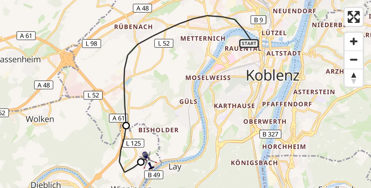 Flugroute Polizeihubschrauber Koblenz - Koblenz-Winningen Flugplatz, 25 Mai 2026, 09:38
