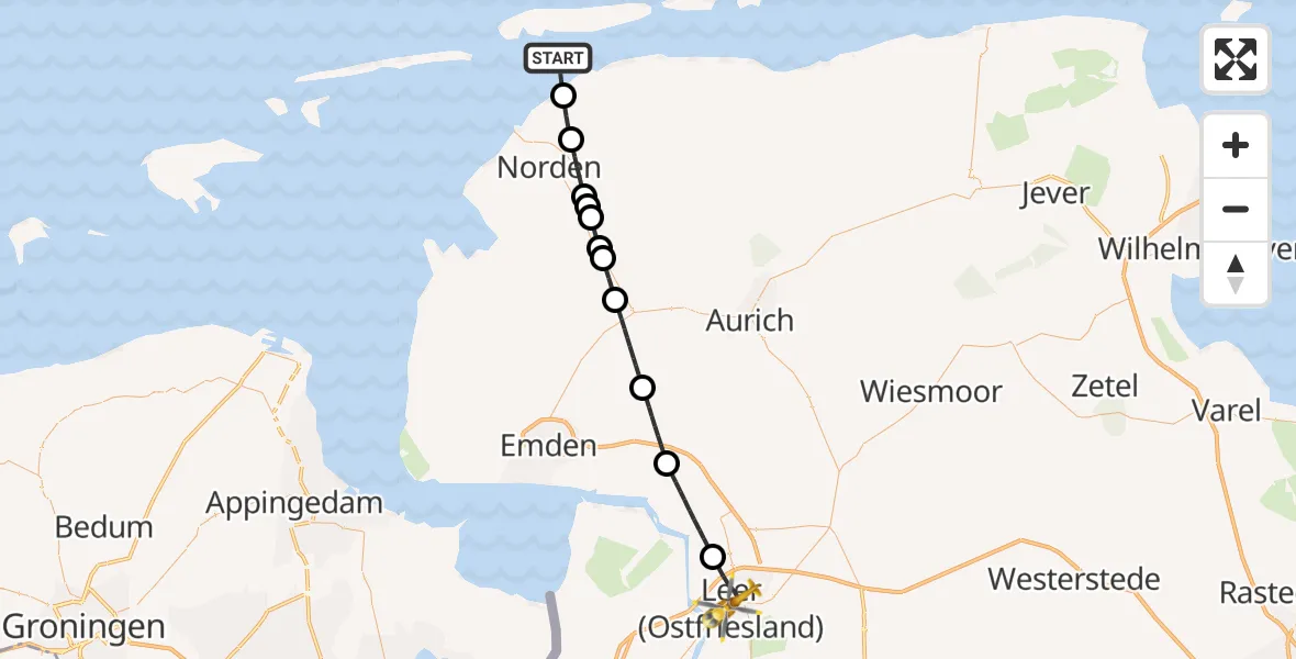 Flugroute Ambulanzhubschrauber Noordzee - Leer (Ostfriesland), 25 Mai 2026, 09:40