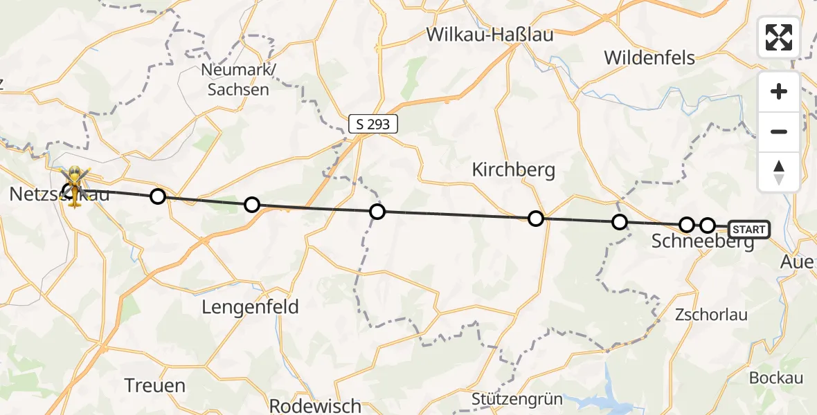 Flugroute Rettungshubschrauber Aue-Bad Schlema - Netzschkau, 25 Mai 2026, 09:44