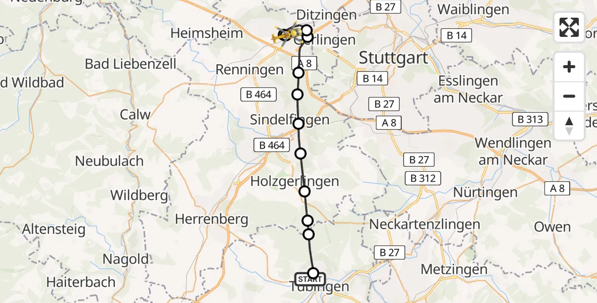 Flugroute Rettungshubschrauber Tübingen University Hospital - Leonberg Hospital, 25 Mai 2026, 09:49