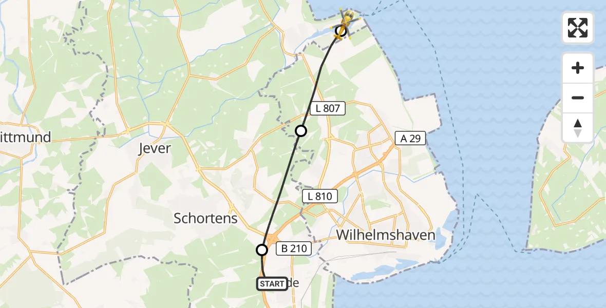 Flugroute Rettungshubschrauber Sande - Wangerland, 25 Mai 2026, 09:52
