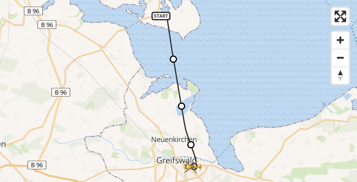 Flugroute Rettungshubschrauber Garz/Rügen - Greifswald Hospital, 25 Mai 2026, 09:55