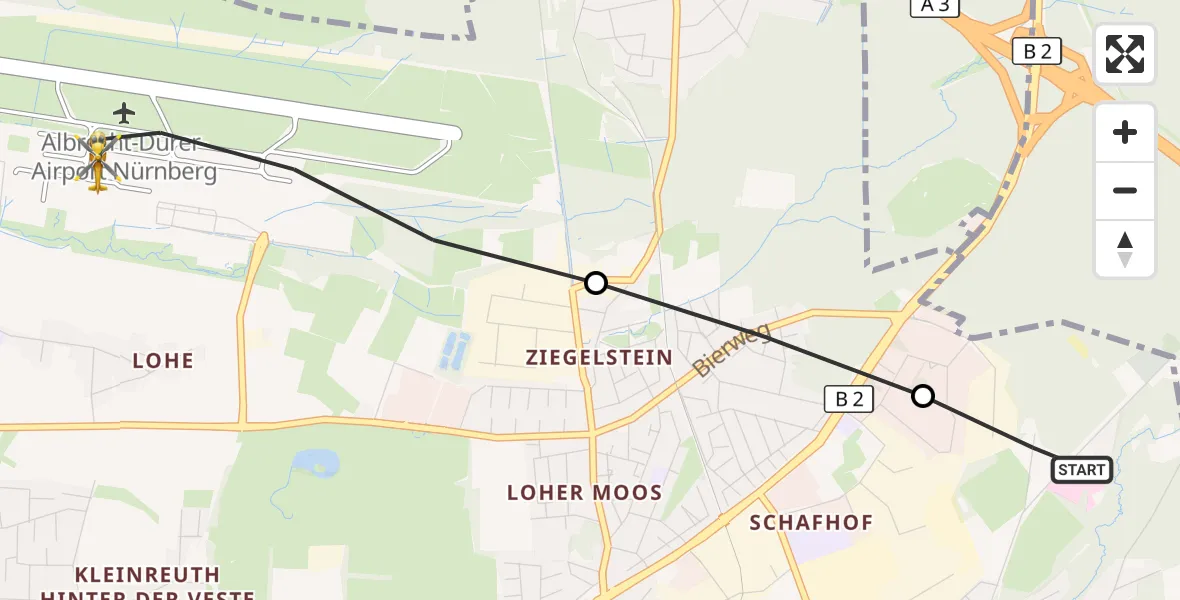 Flugroute Ambulanzhubschrauber Martha-Maria Nürnberg Hospital - Flughafen Nuremberg, 25 Mai 2026, 09:56