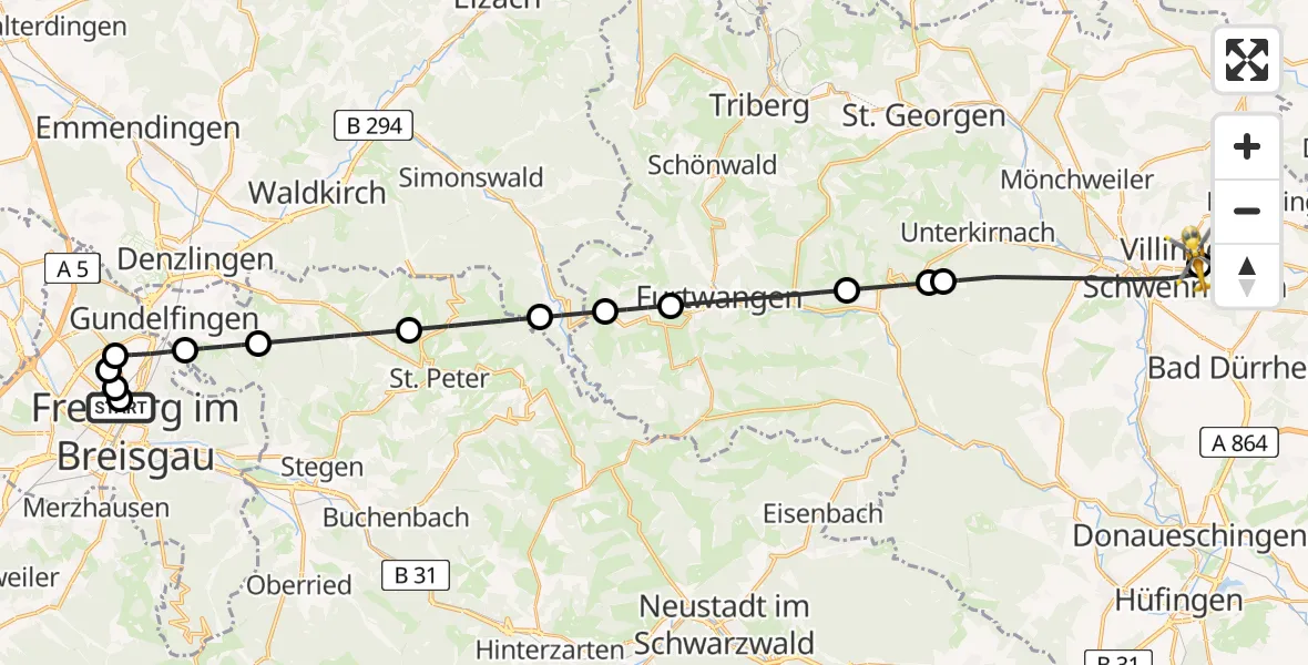 Flugroute Ambulanzhubschrauber Freiburg University Hospital Heliport 2 - DRF Air Rescue Station Villingen-Schwenningen Hubschrauberlandeplatz (Christoph 11), 25 Mai 2026, 09:57