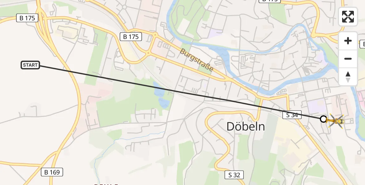 Flugroute Rettungshubschrauber Döbeln - Dobeln Hospital, 25 Mai 2026, 10:03