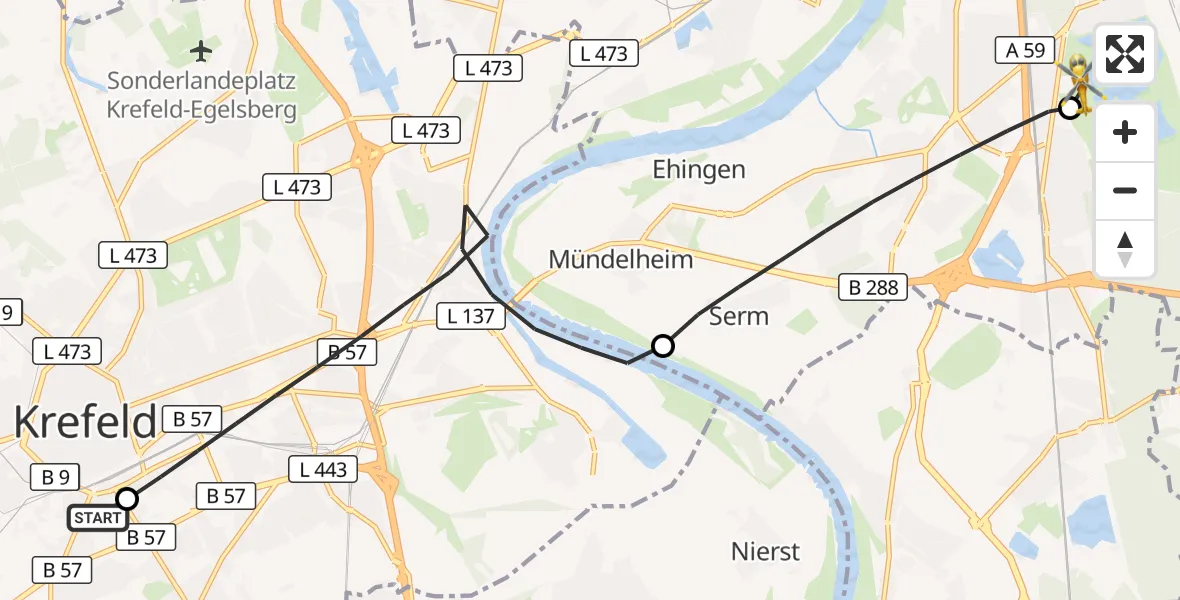 Flugroute Rettungshubschrauber Helios Clinic Krefeld - Duisburg Air Rescue Hubschrauberlandeplatz (Christoph 9), 25 Mai 2026, 10:12