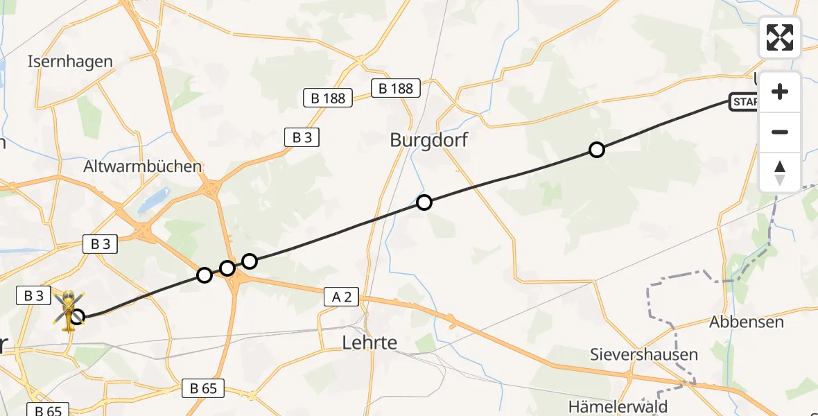 Flugroute Rettungshubschrauber Uetze - Hannover Luftrettung Hubschrauberlandeplatz (Christoph 4), 25 Mai 2026, 10:12