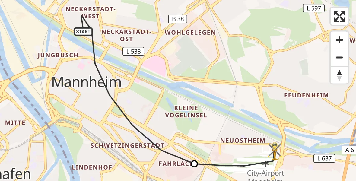 Flugroute Rettungshubschrauber Mannheim - Mannheim-City Flughafen, 25 Mai 2026, 10:14