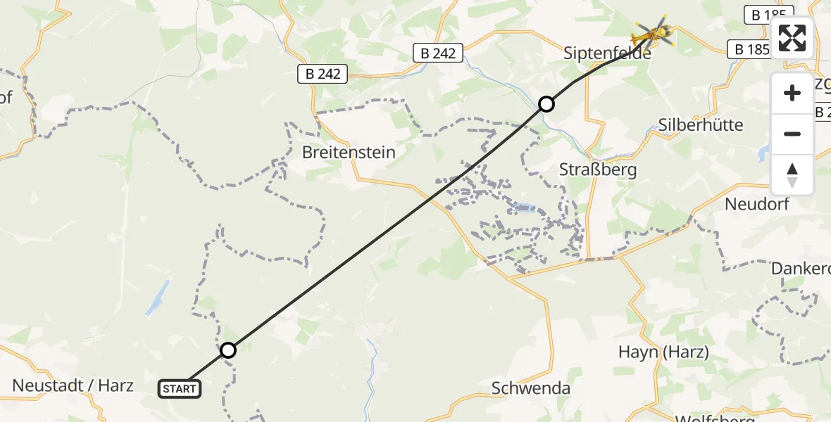 Flugroute Rettungshubschrauber Harztor - Harzgerode, 25 Mai 2026, 10:14