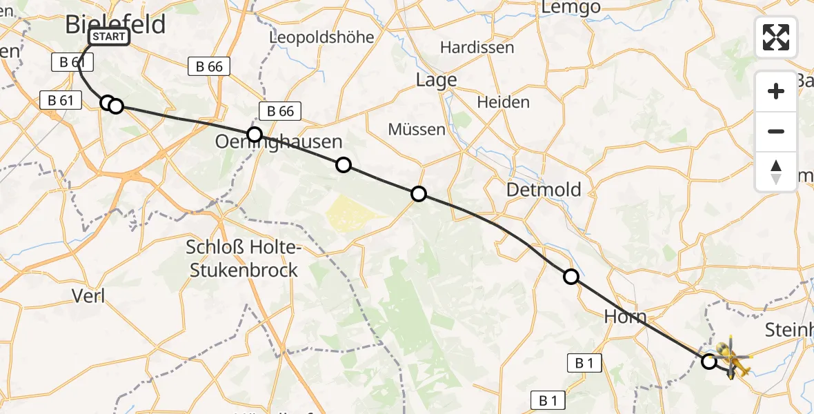 Flugroute Rettungshubschrauber Bielefeld - Steinheim, 25 Mai 2026, 10:15
