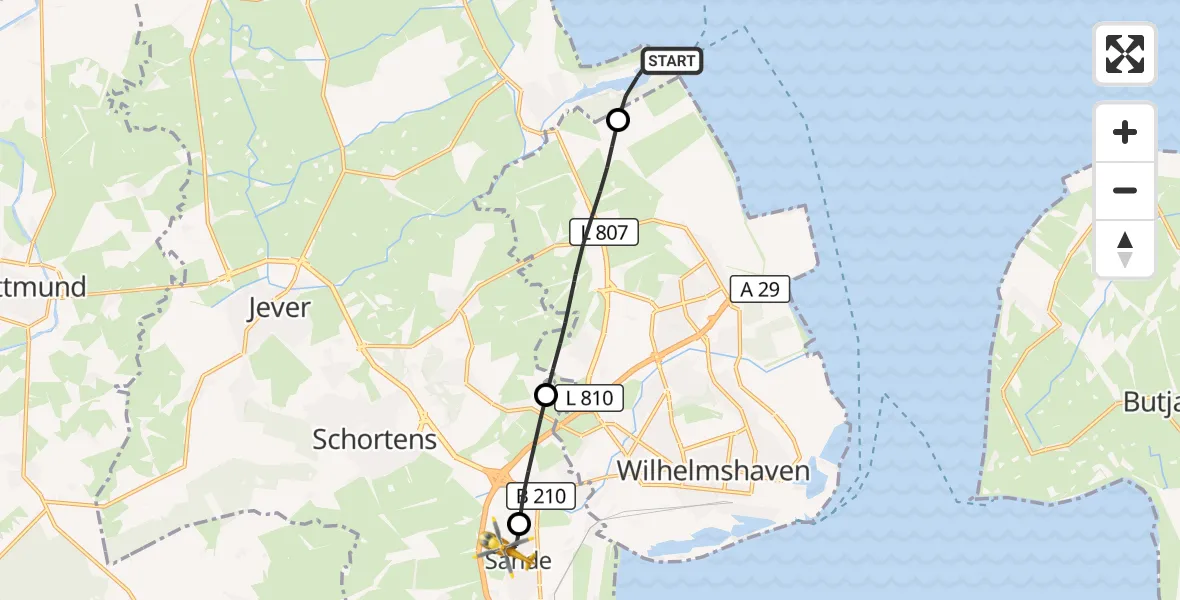 Flugroute Rettungshubschrauber Wangerland - Sande, 25 Mai 2026, 10:15