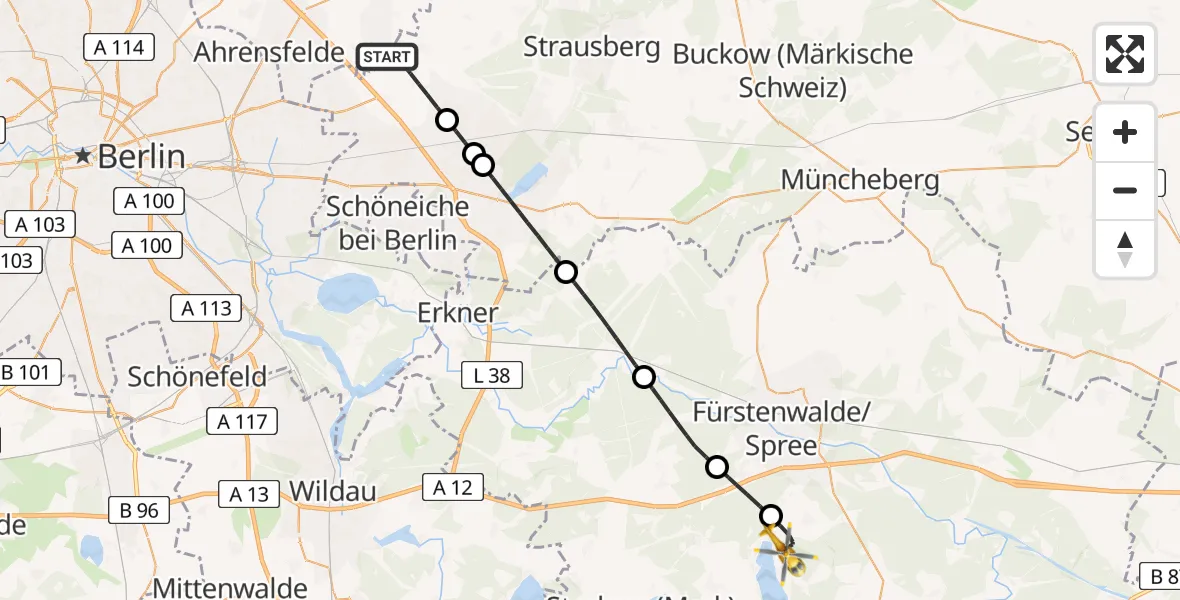 Flugroute Rettungshubschrauber Altlandsberg - Bad Saarow Hospital Hubschrauberlandeplatz, 25 Mai 2026, 10:22