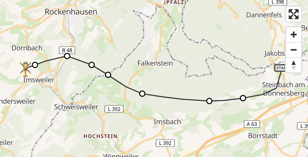 Flugroute Rettungshubschrauber Steinbach am Donnersberg - Imsweiler UL, 25 Mai 2026, 10:25
