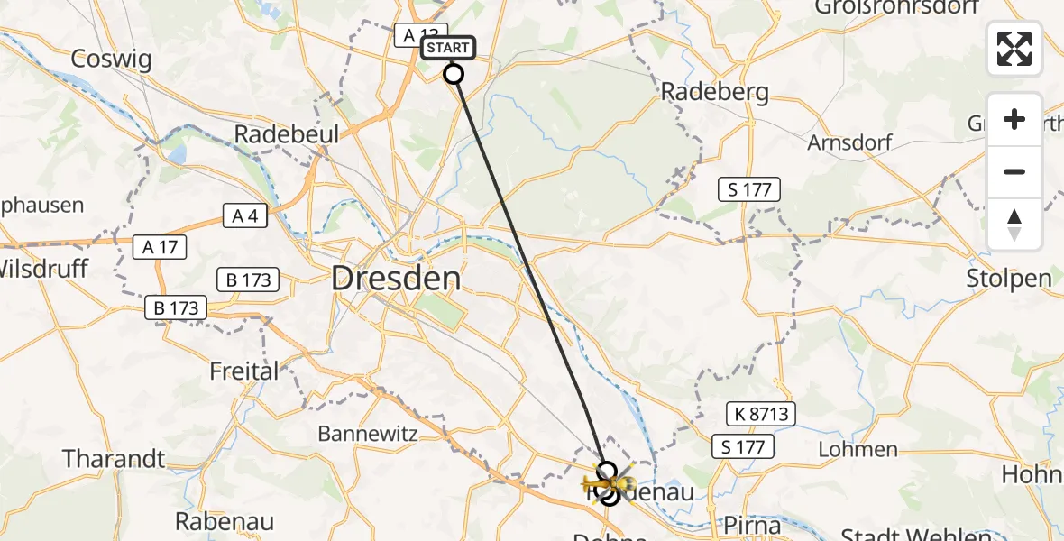 Flugroute Rettungshubschrauber Dresden Flughafen - Heidenau, 25 Mai 2026, 10:30