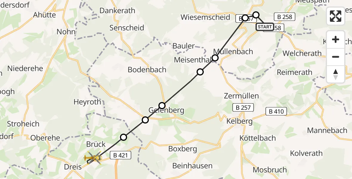 Flugroute Ambulanzhubschrauber Nürburgring Hubschrauberlandeplatz - Dreis-Brück, 25 Mai 2026, 10:31