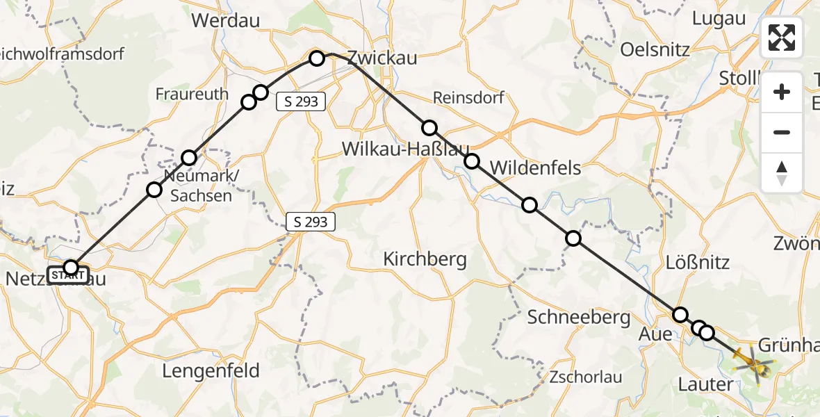 Flugroute Rettungshubschrauber Netzschkau - Lauter-Bernsbach, 25 Mai 2026, 10:34