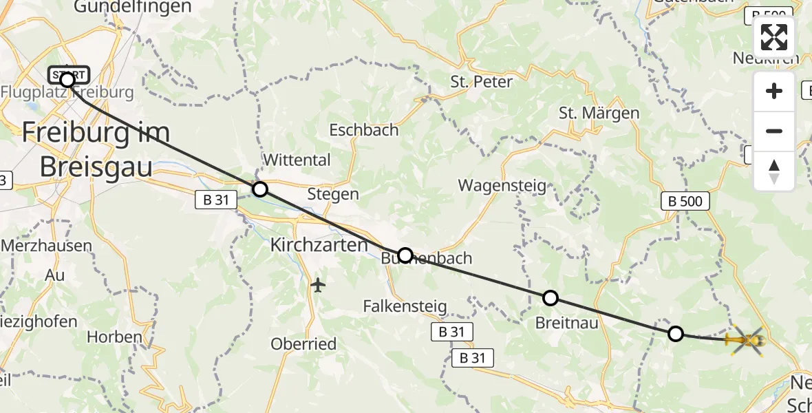 Flugroute Rettungshubschrauber Freiburg im Breisgau Flugplatz - Titisee-Neustadt, 25 Mai 2026, 10:35