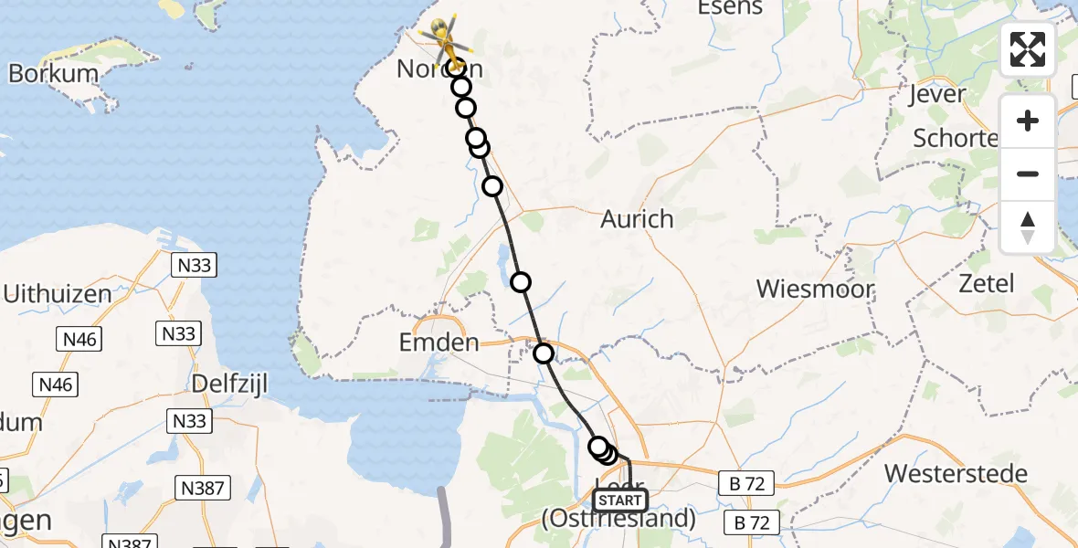 Flugroute Ambulanzhubschrauber Leer (Ostfriesland) - Norden, 25 Mai 2026, 10:40