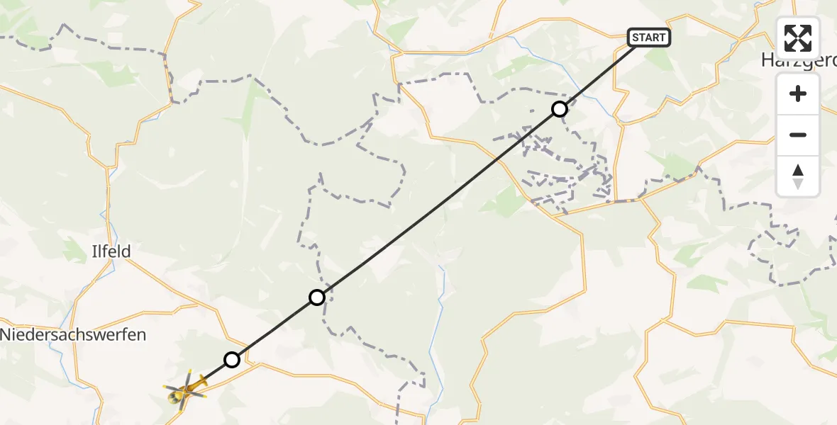 Flugroute Rettungshubschrauber Harzgerode - Nordhausen, 25 Mai 2026, 10:45
