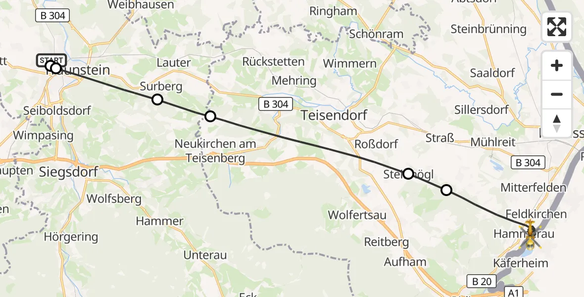 Flugroute Rettungshubschrauber Traunstein Hospital - Ainring, 25 Mai 2026, 10:47