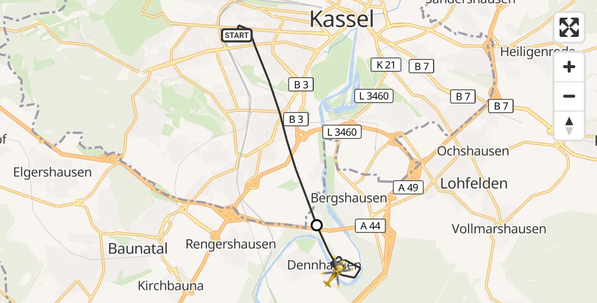 Flugroute Rettungshubschrauber Kassel - Fuldabrück, 25 Mai 2026, 11:01