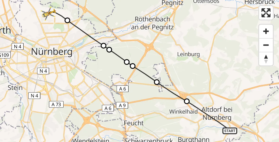 Flugroute Ambulanzhubschrauber Altdorf b.Nürnberg - Flughafen Nuremberg, 25 Mai 2026, 11:02