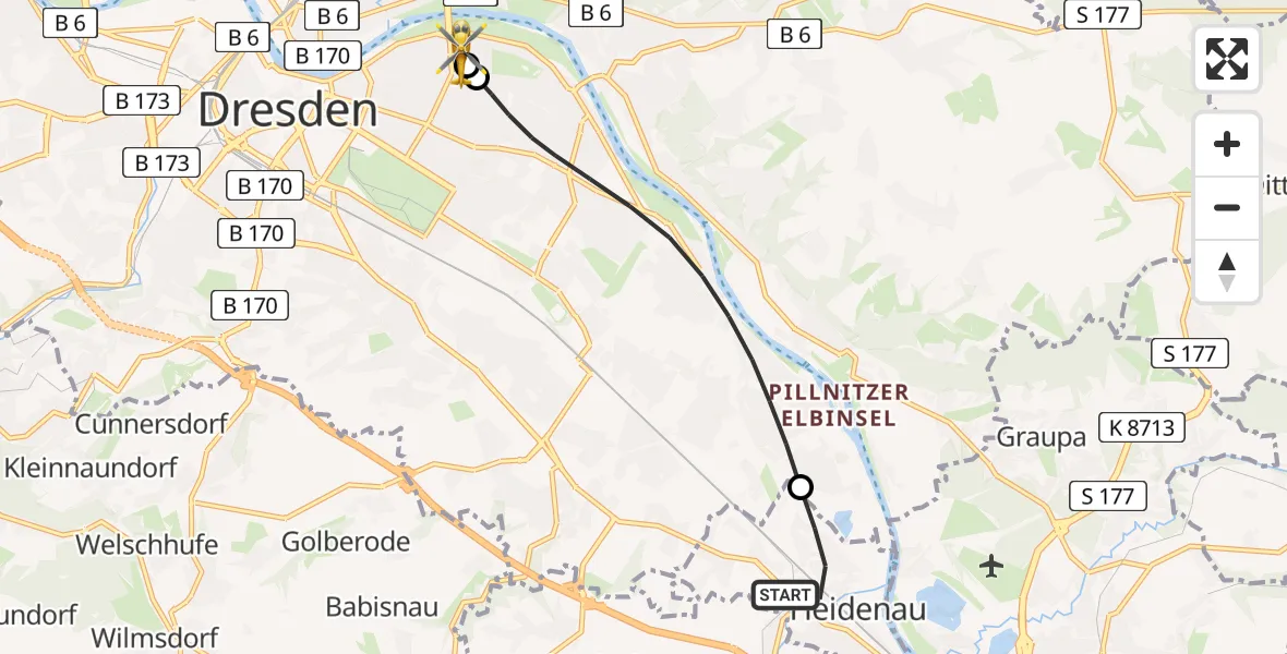 Flugroute Rettungshubschrauber Heidenau - Dresden University Hospital, 25 Mai 2026, 11:04