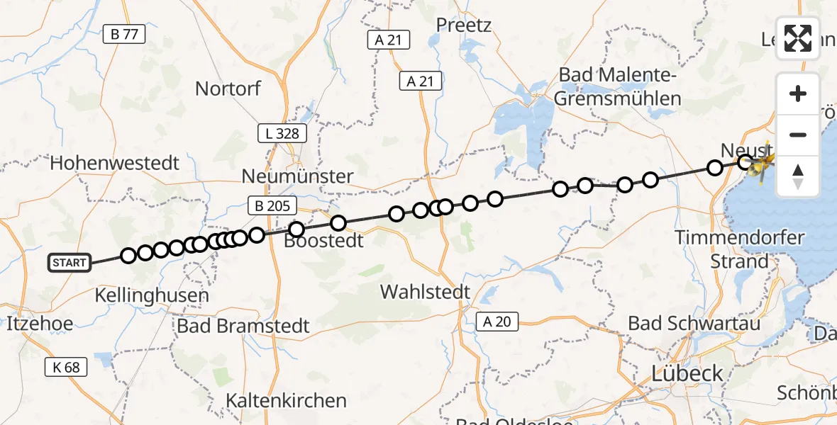 Flugroute Rettungshubschrauber Hohenlockstedt - Neustadt in Holstein, 25 Mai 2026, 11:05