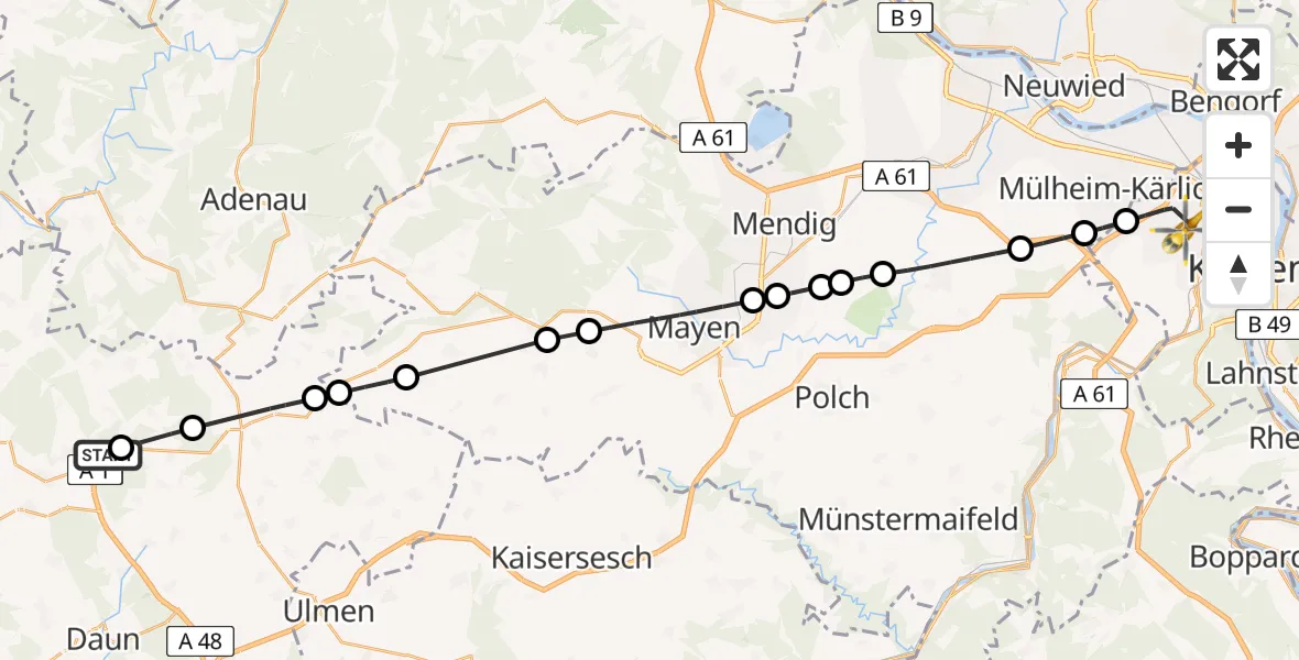 Flugroute Ambulanzhubschrauber Dreis-Brück - Koblenz, 25 Mai 2026, 11:11