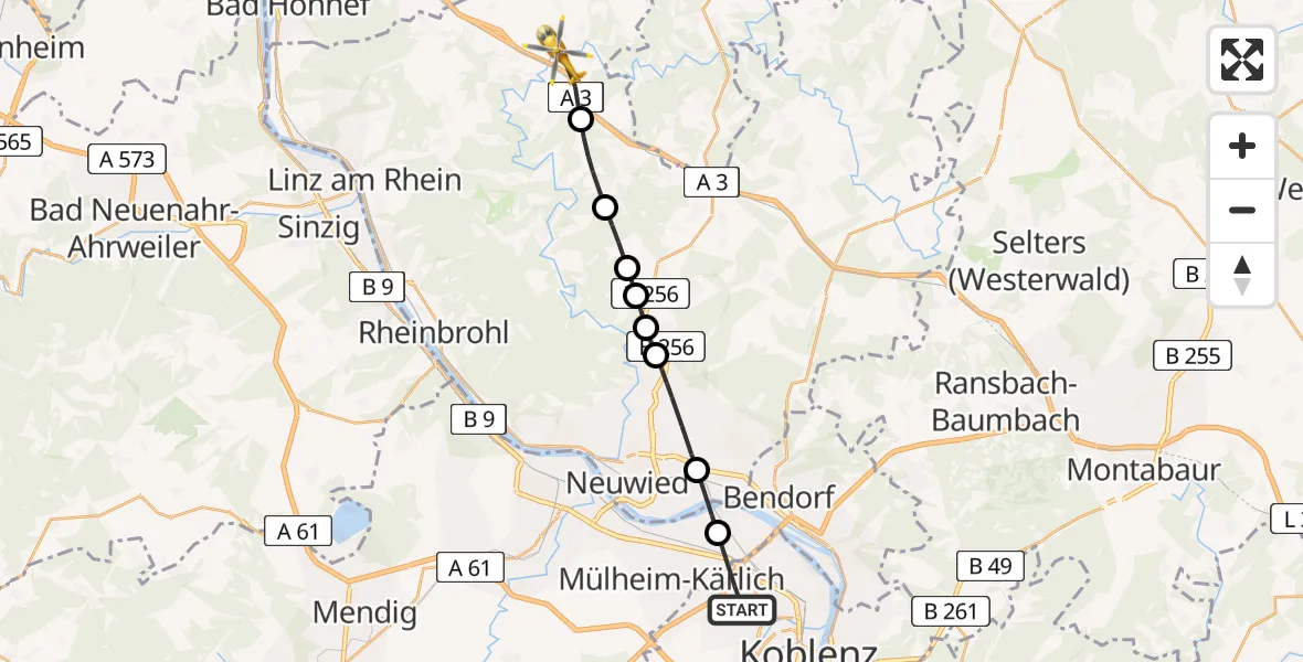 Flugroute Rettungshubschrauber Koblenz - Neustadt (Wied), 25 Mai 2026, 11:12