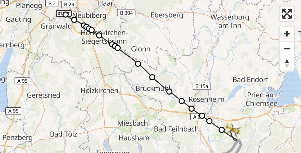 Flugroute Rettungshubschrauber ADAC Air Rescue Center Hubschrauberlandeplatz (Christoph 1) - Samerberg, 25 Mai 2026, 11:15